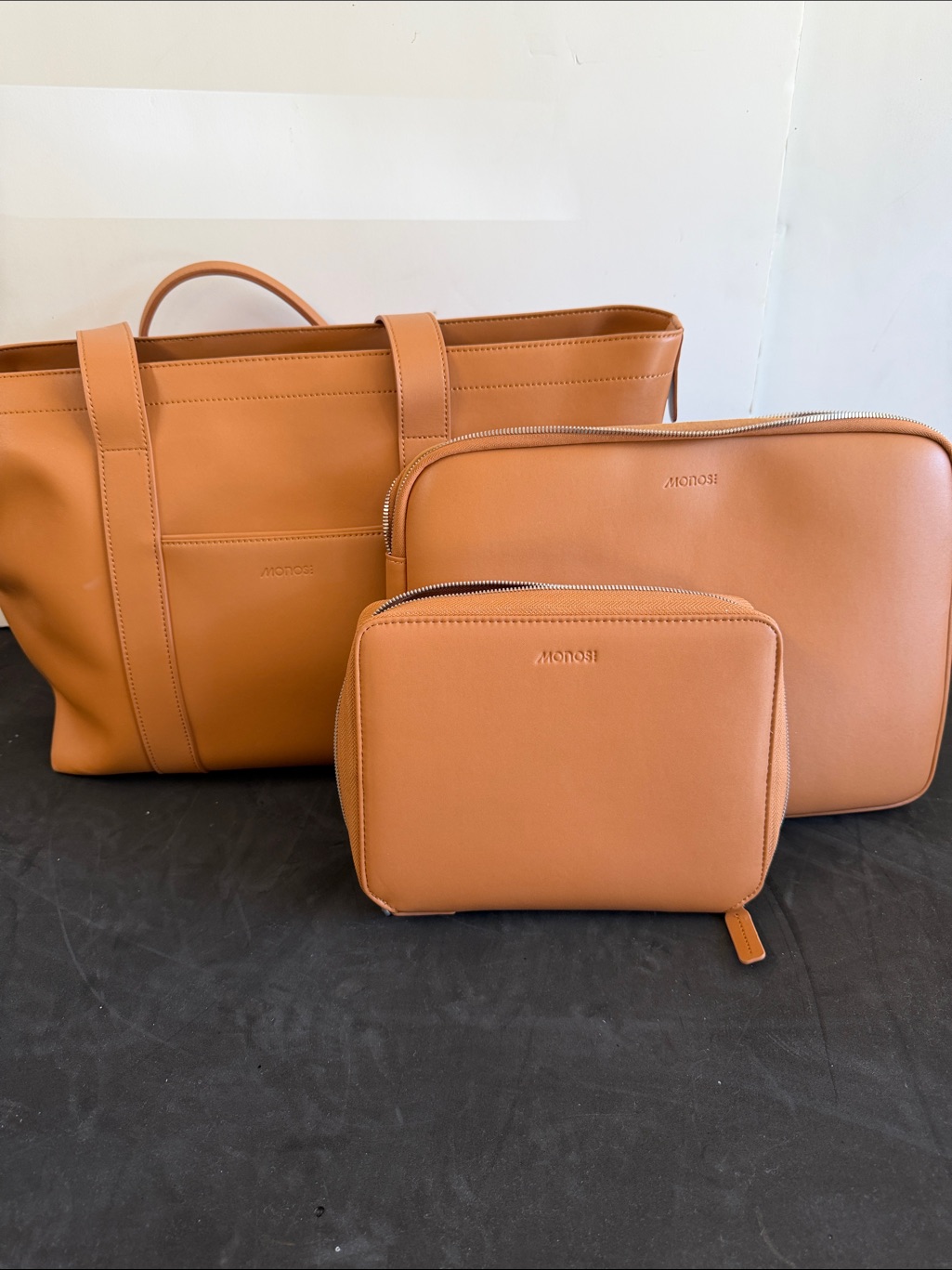 Tan Leather Travel Tote With Laptop Case And Tech Pouch